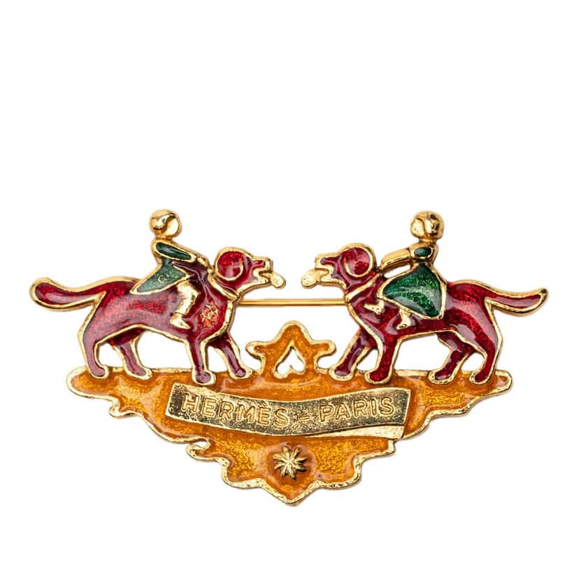 Hermès Gold Plated Enamel Children And Dogs Brooch Gold Metal Good condition - Front View