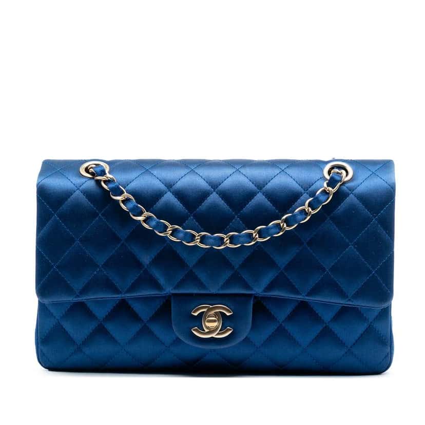 Chanel Medium Classic Satin Double Flap Blue Satin Good condition - Front View