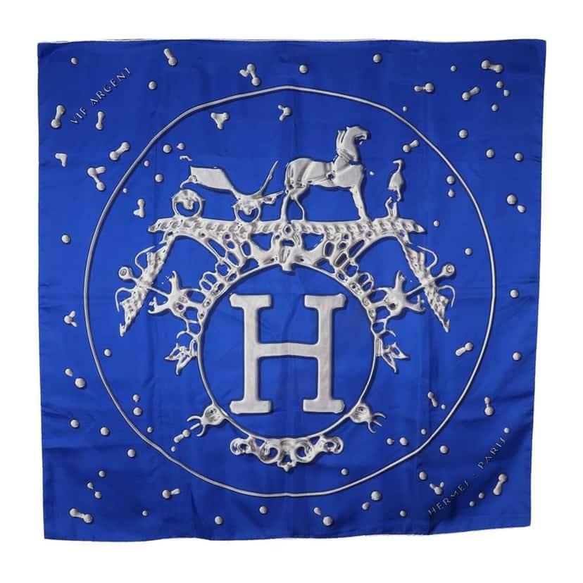 Hermès Vif Argent Silk Scarf 90 Blue Silk Good condition - Front View