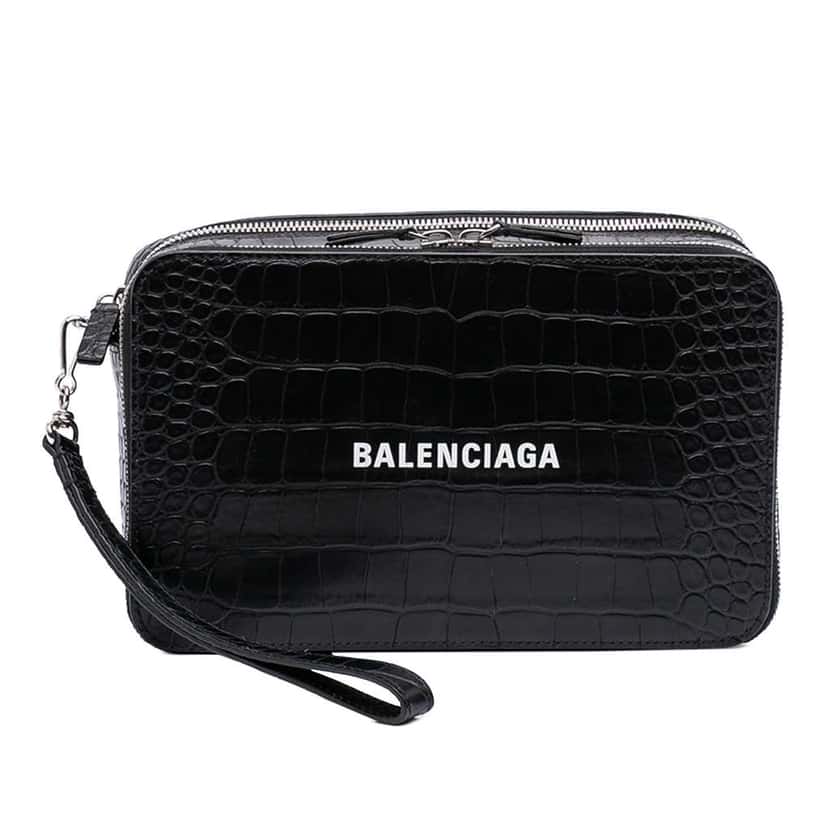Balenciaga Croc Embossed Leather Wristlet Clutch Black Leather Very good condition - Front View