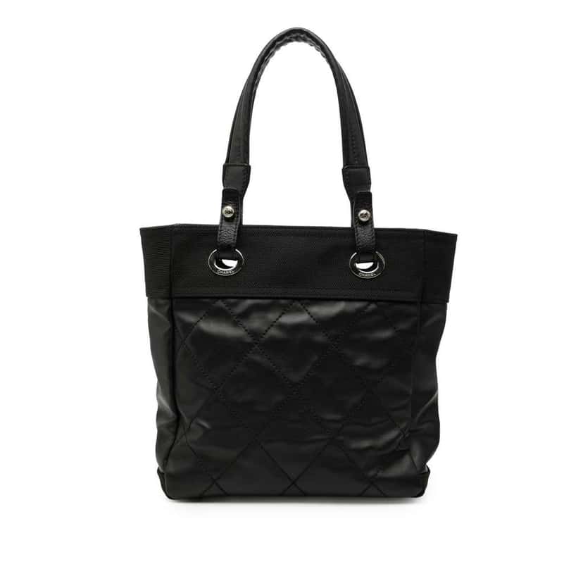 Chanel Small Quilted Coated Canvas Paris Biarritz Tote Black Canvas Very good condition - Front View