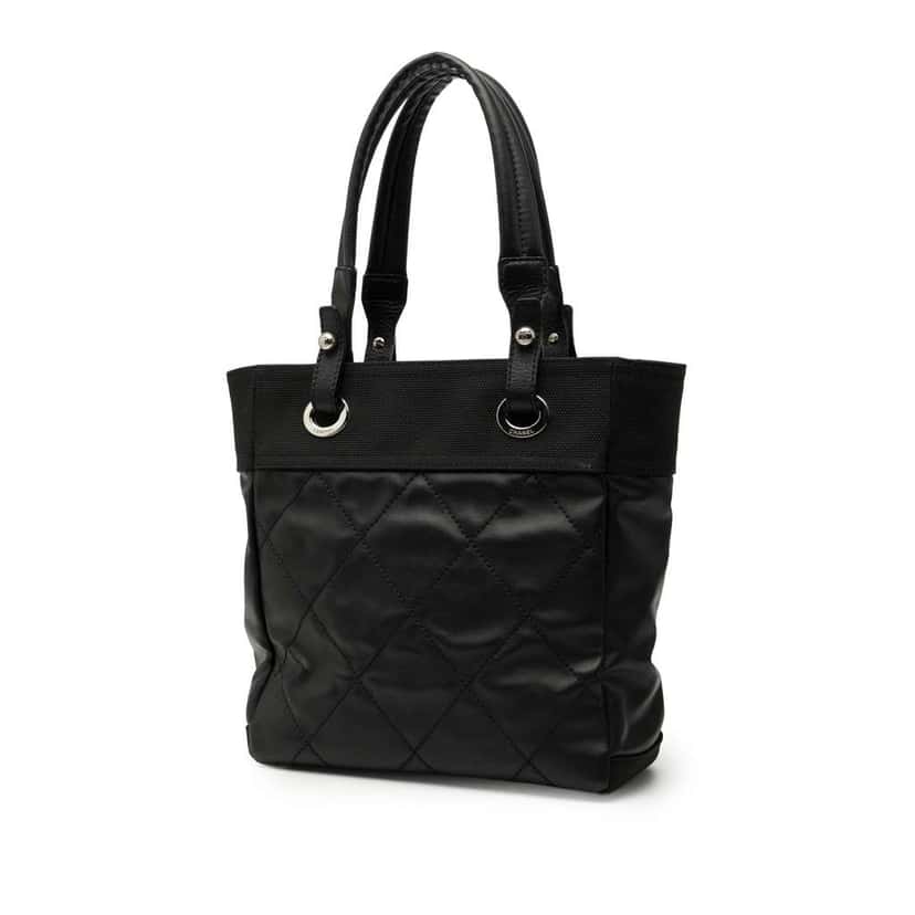 Chanel Small Quilted Coated Canvas Paris Biarritz Tote Black Canvas Very good condition - Back View