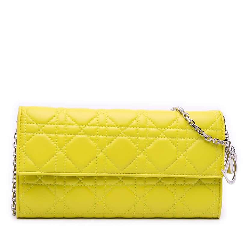 Dior Lambskin Cannage Lady Dior Wallet On Chain Yellow Leather Good condition - Front View