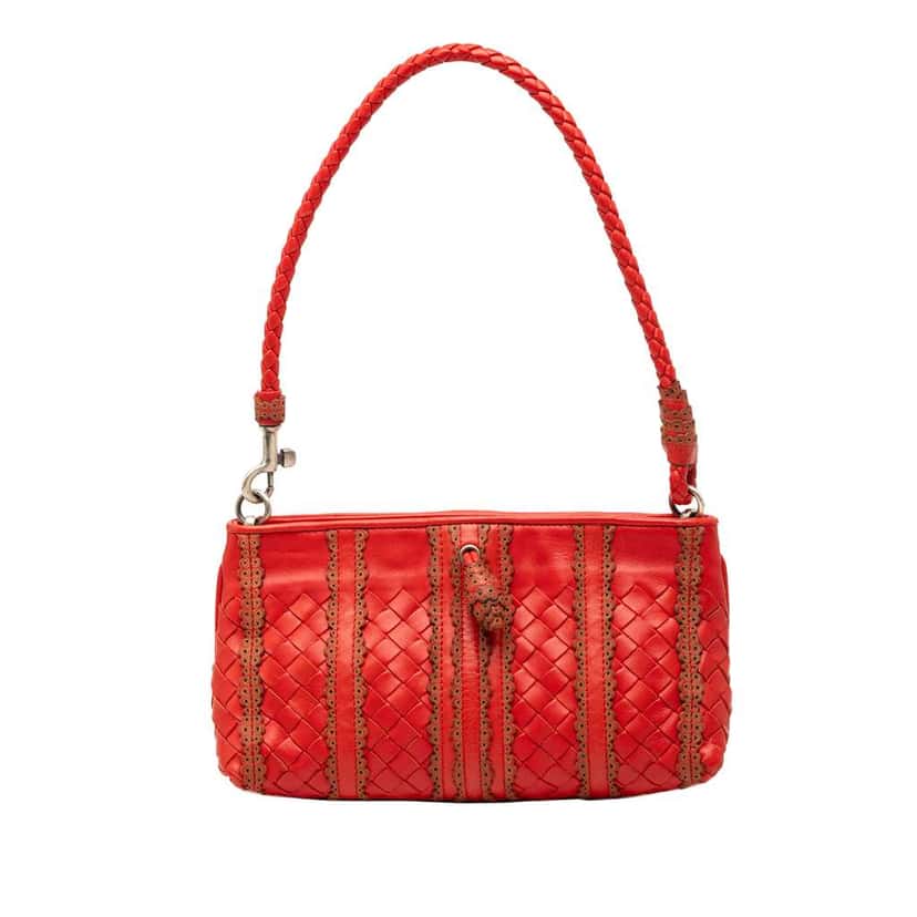 Bottega Veneta Leather Intrecciato Stripe Shoulder Bag Red Leather Very good condition - Front View