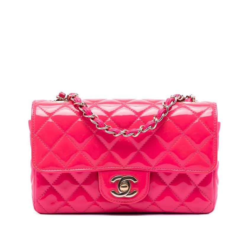 Chanel Mini Rectangular Classic Patent Single Flap Pink Leather Good condition - Front View