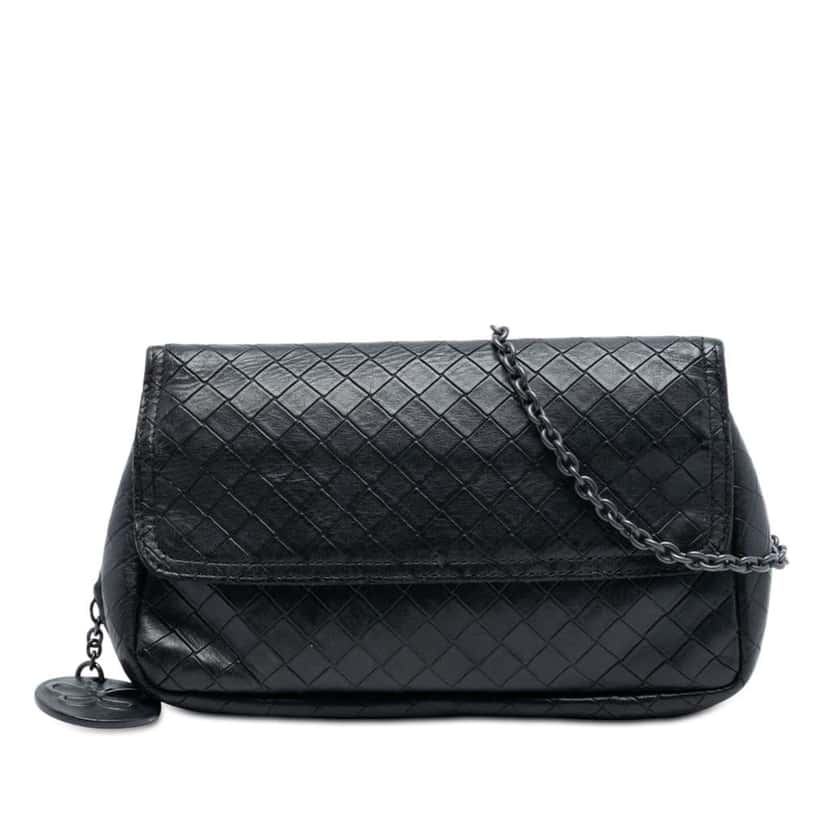 Bottega Veneta Small Calfskin Intrecciomirage Chain Flap Crossbody Black Leather Good condition - Front View