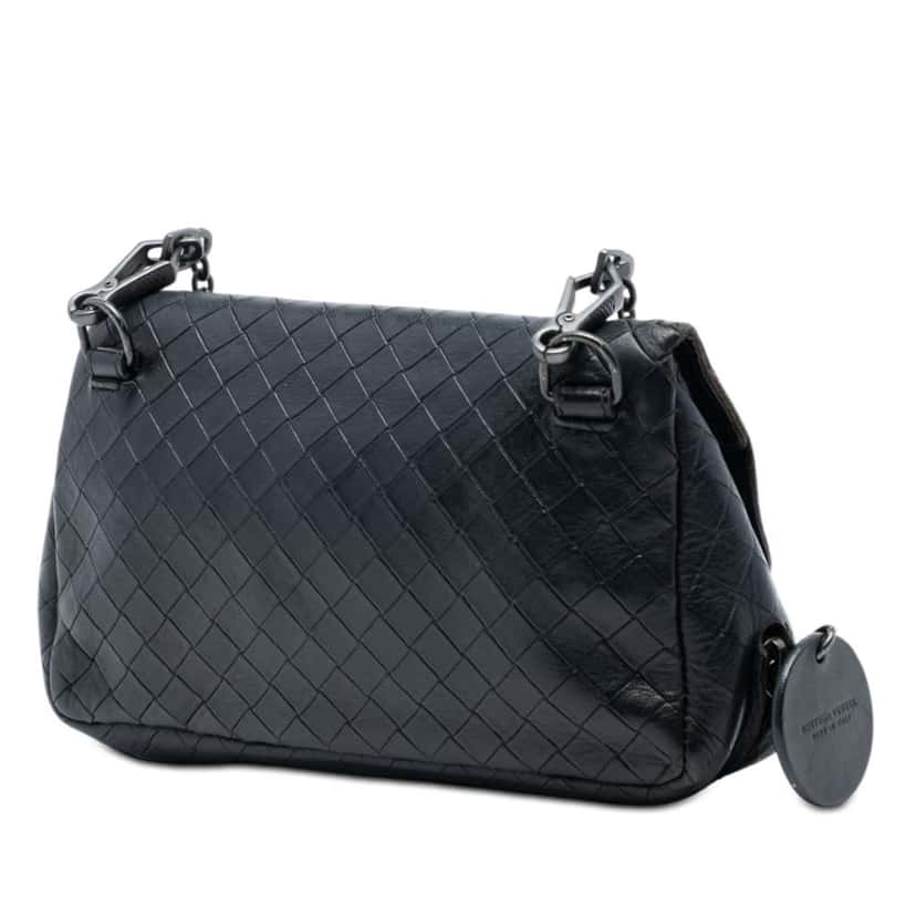 Bottega Veneta Small Calfskin Intrecciomirage Chain Flap Crossbody Black Leather Good condition - Back View
