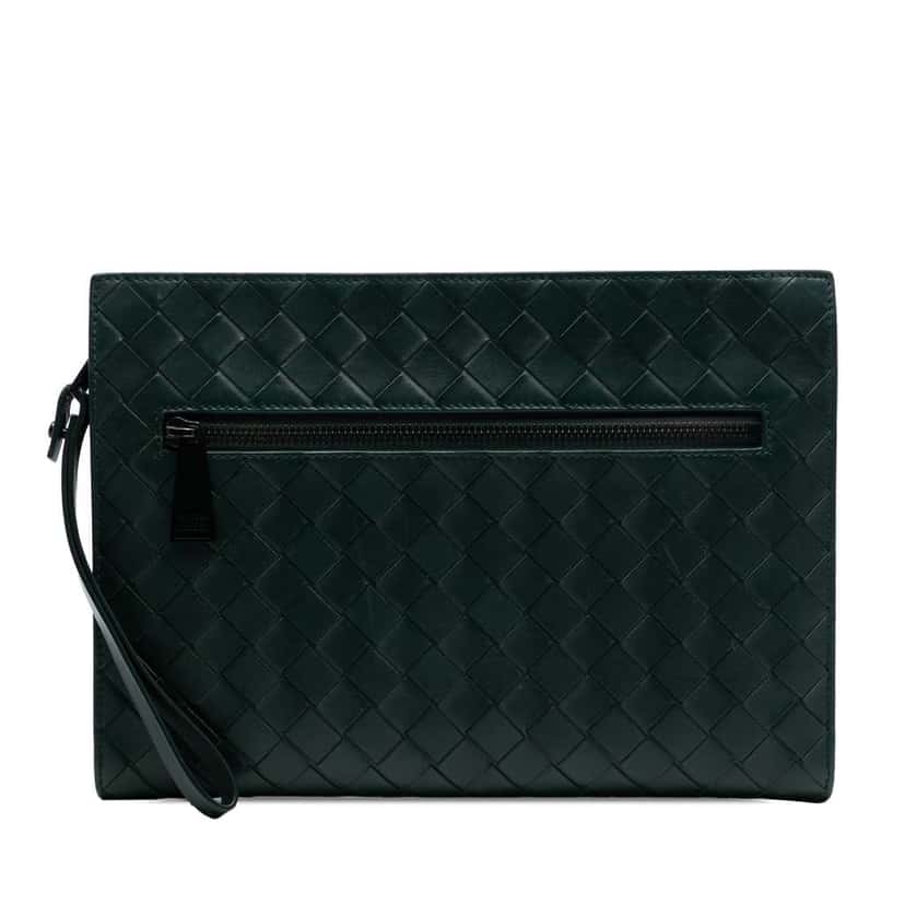 Bottega Veneta Small Calfskin Intrecciato Document Case With Wristlet Green Leather Good condition - Front View
