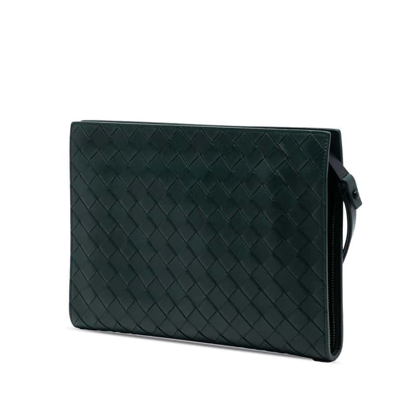 Bottega Veneta Small Calfskin Intrecciato Document Case With Wristlet Green Leather Good condition - Back View