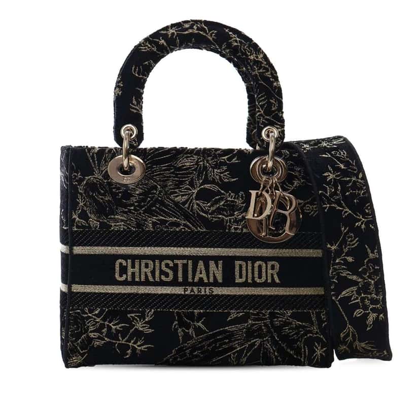 Dior Medium Embroidered Canvas Toile de Jouy Lady D Lite Black Canvas Very good condition - Front View