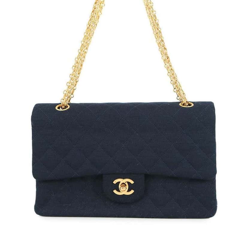 Chanel Medium Classic Jersey Double Flap Blue Cotton Good condition - Front View