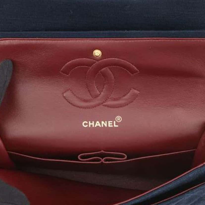 Chanel Medium Classic Jersey Double Flap Blue Cotton Good condition - Model View