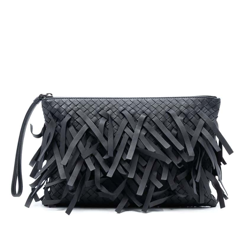 Bottega Veneta Nappa Intrecciato Palio Fringe Clutch Grey Leather Good condition - Front View