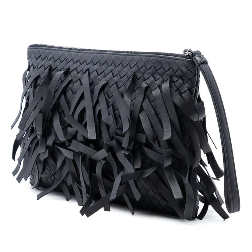 Bottega Veneta Nappa Intrecciato Palio Fringe Clutch Grey Leather Good condition - Back View