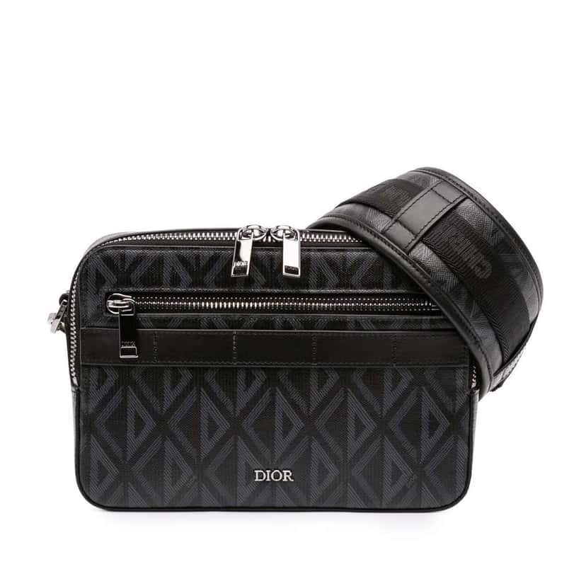 Dior CD Diamond Coated Canvas Safari Bag with Strap Black Canvas Good condition - Front View