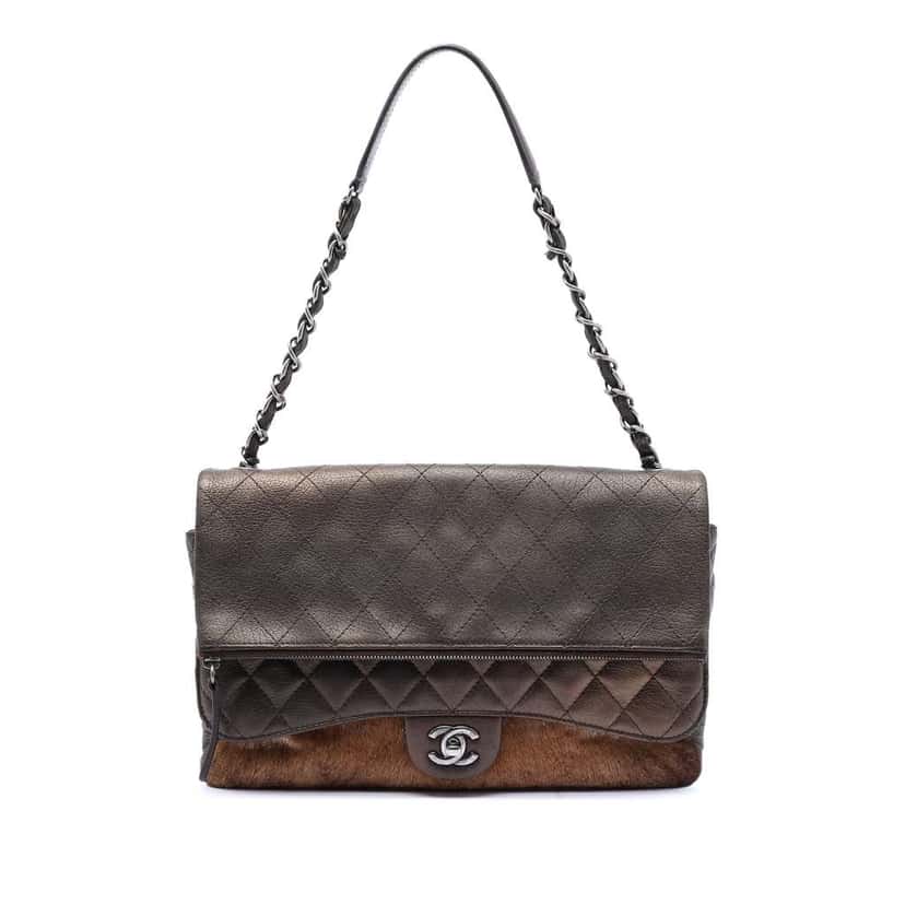 Chanel Paris Salzburg Metallic Lambskin and Pony Hair Zip Multi Flap Brown Leather Good condition - Front View