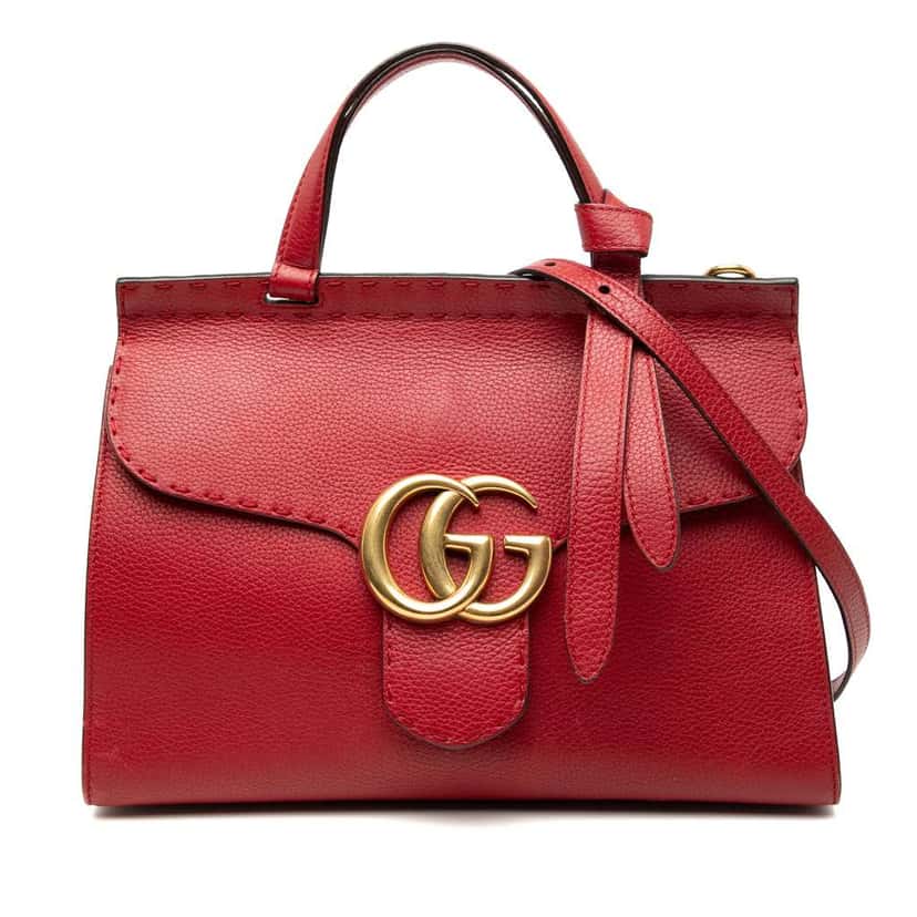 Gucci Medium GG Marmont Grained Leather Top Handle Satchel Red Leather Good condition - Front View