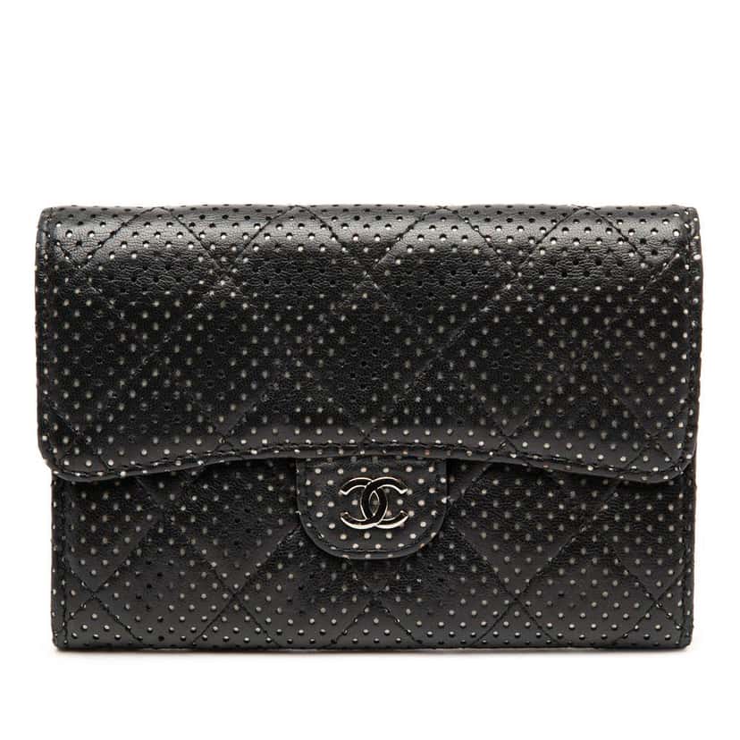Chanel Perforated Quilted Lambskin Small Flap Wallet Black Leather Very good condition - Front View
