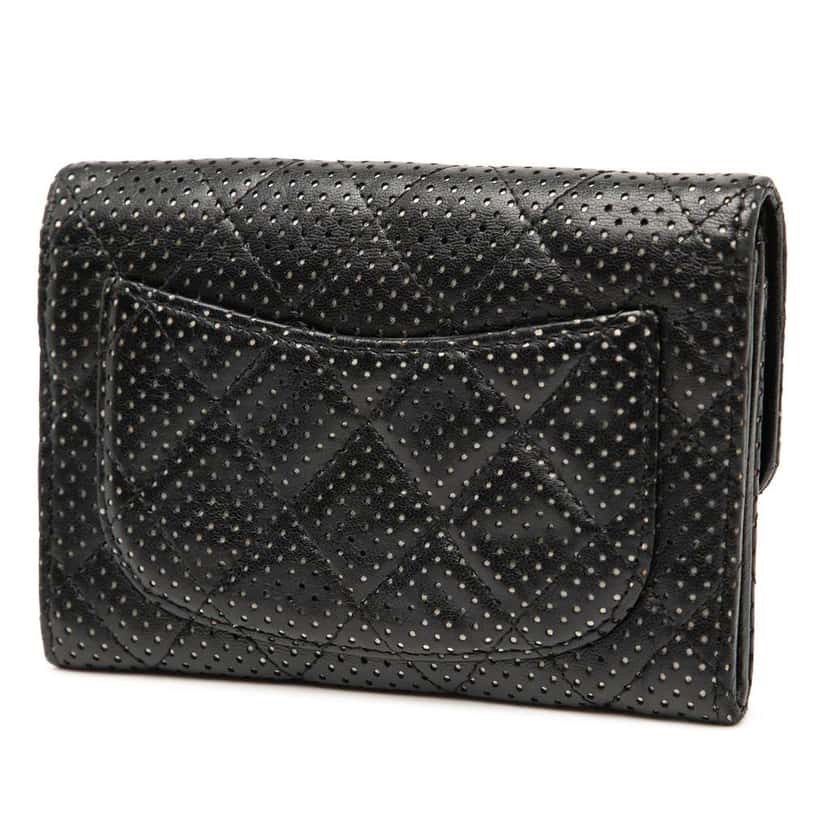 Chanel Perforated Quilted Lambskin Small Flap Wallet Black Leather Very good condition - Back View