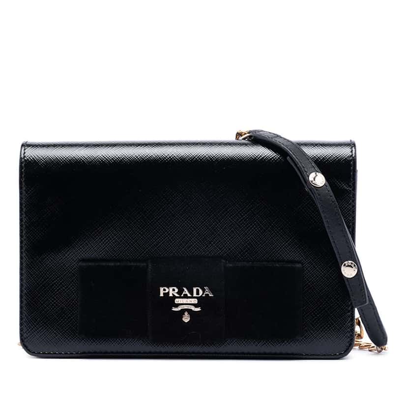 Prada Saffiano Vernice Fiocco Bow Wallet On Chain Black Leather Good condition - Front View