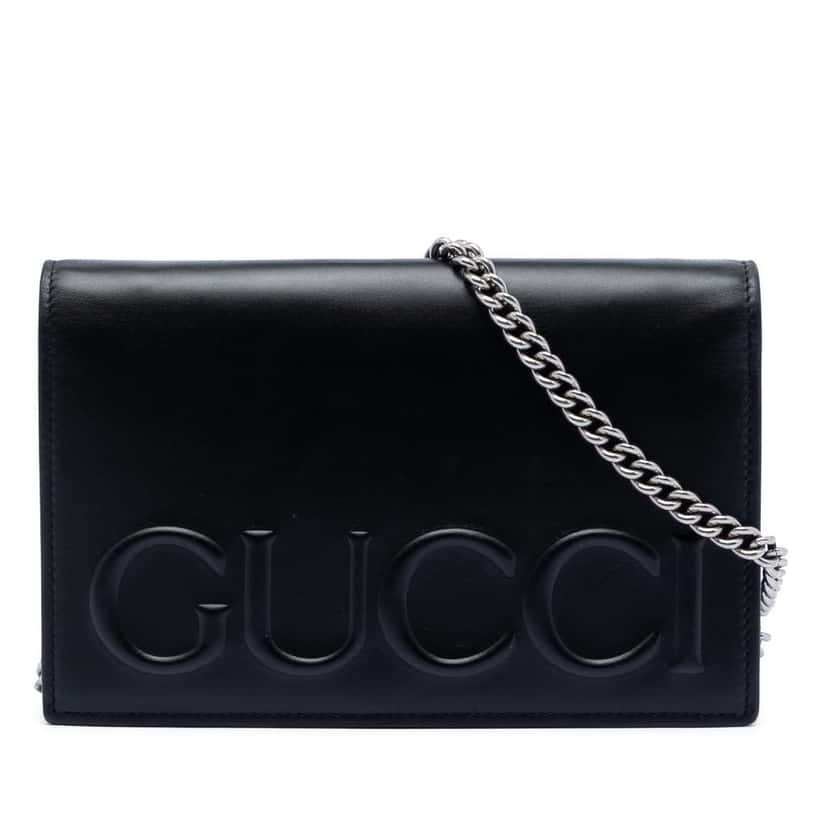Gucci XL Leather Embossed Logo Wallet on Chain Black Leather Good condition - Front View