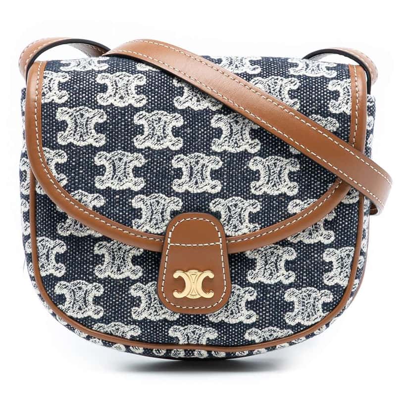 Celine Mini Triomphe Canvas and Calfskin Besace Crossbody Blue Canvas Very good condition - Front View