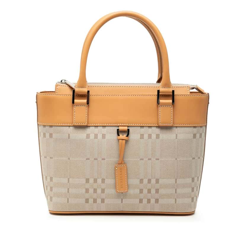 Burberry Leather Trimmed Tonal Check Canvas Handbag Brown Canvas Very good condition - Front View
