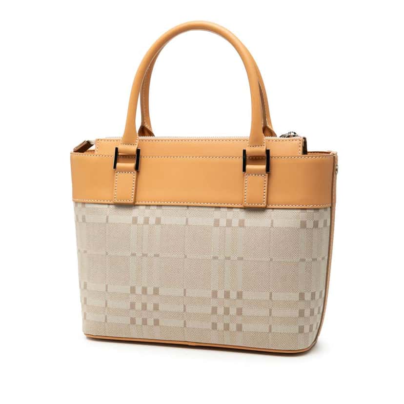 Burberry Leather Trimmed Tonal Check Canvas Handbag Brown Canvas Very good condition - Back View