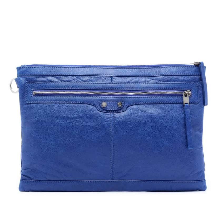 Balenciaga Lambskin Motocross Classic Clip L Clutch Blue Leather Very good condition - Front View