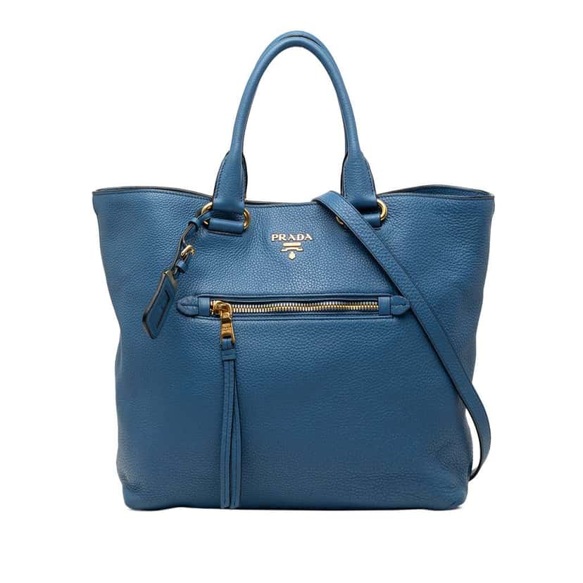 Prada Vitello Daino Open Convertible Tote Blue Leather Very good condition - Front View