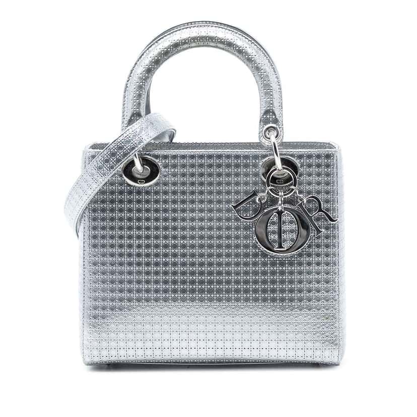 Dior Medium Metallic Patent Microcannage Lady Dior Silver Leather Very good condition - Front View