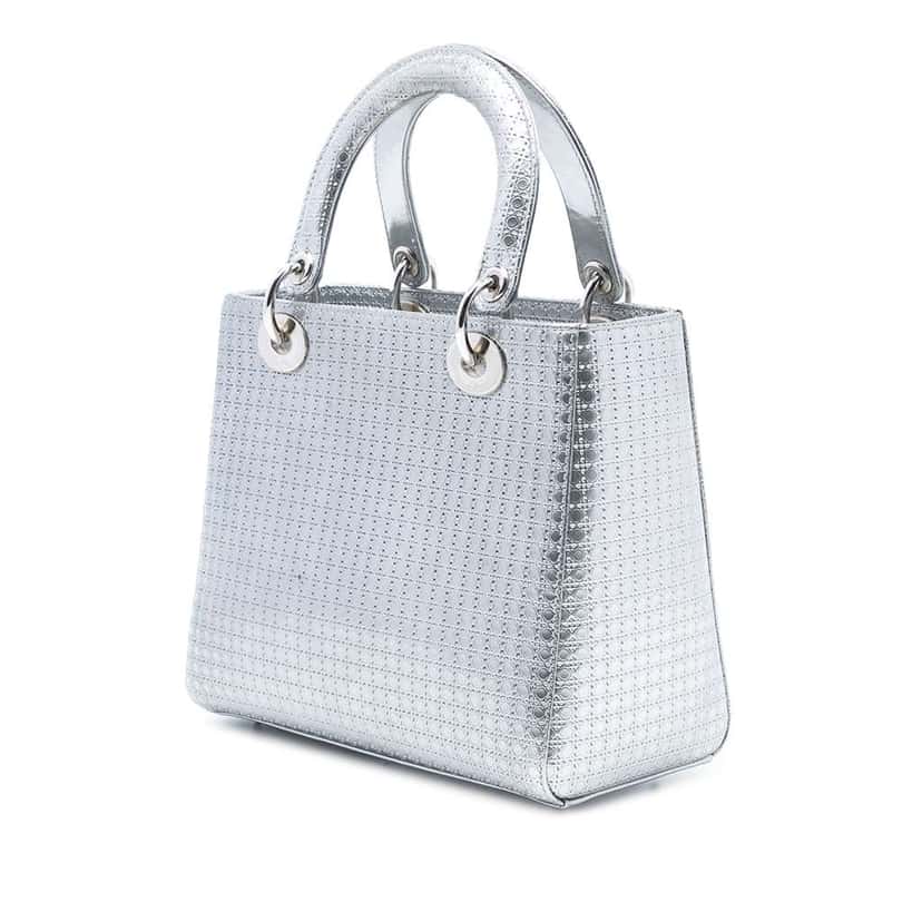 Dior Medium Metallic Patent Microcannage Lady Dior Silver Leather Very good condition - Back View