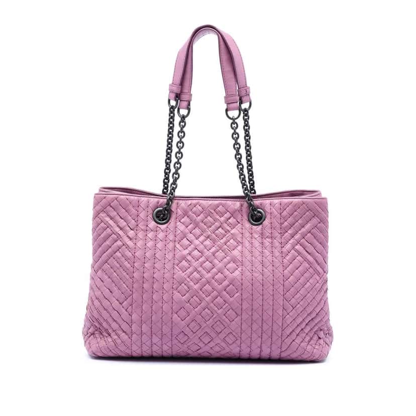 Bottega Veneta Medium Nappa Intrecciato Boutis Double Chain Tote Pink Leather Very good condition - Front View
