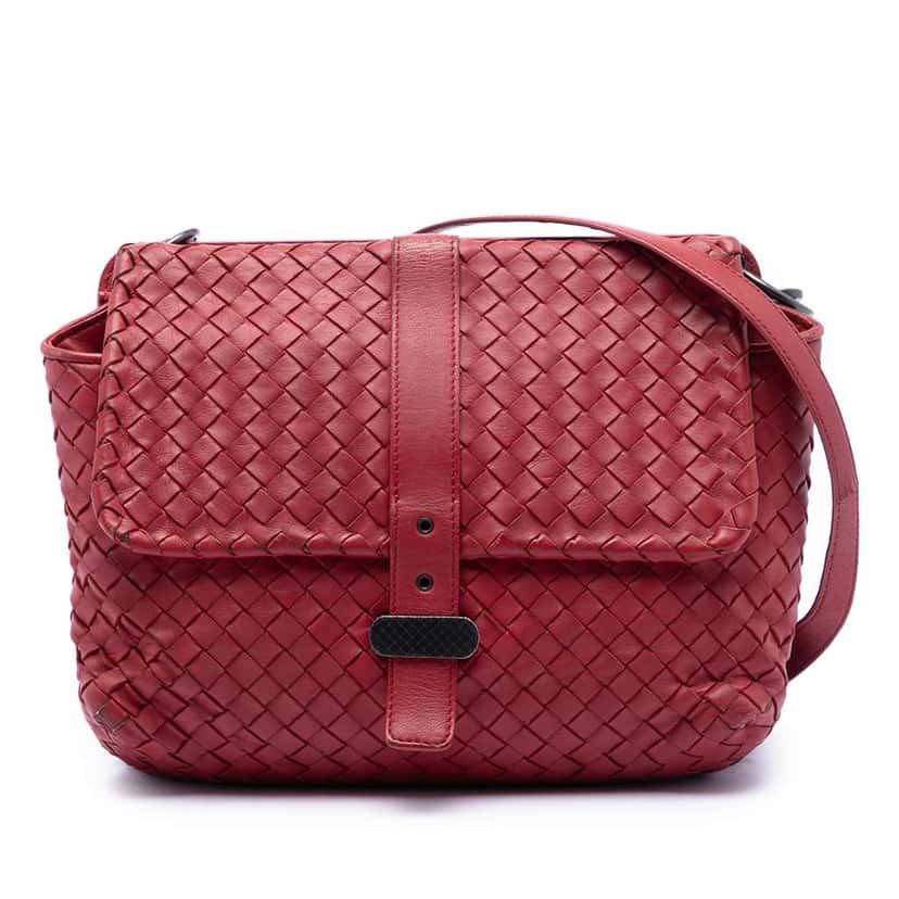Bottega Veneta Nappa Intrecciato Double Sided Flap Messenger Bag Red Leather Very good condition - Front View