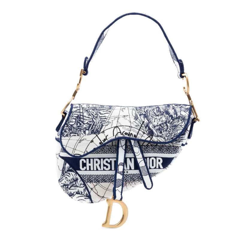 Dior Canvas Embroidered Around the World Saddle Bag Blue Canvas Good condition - Front View
