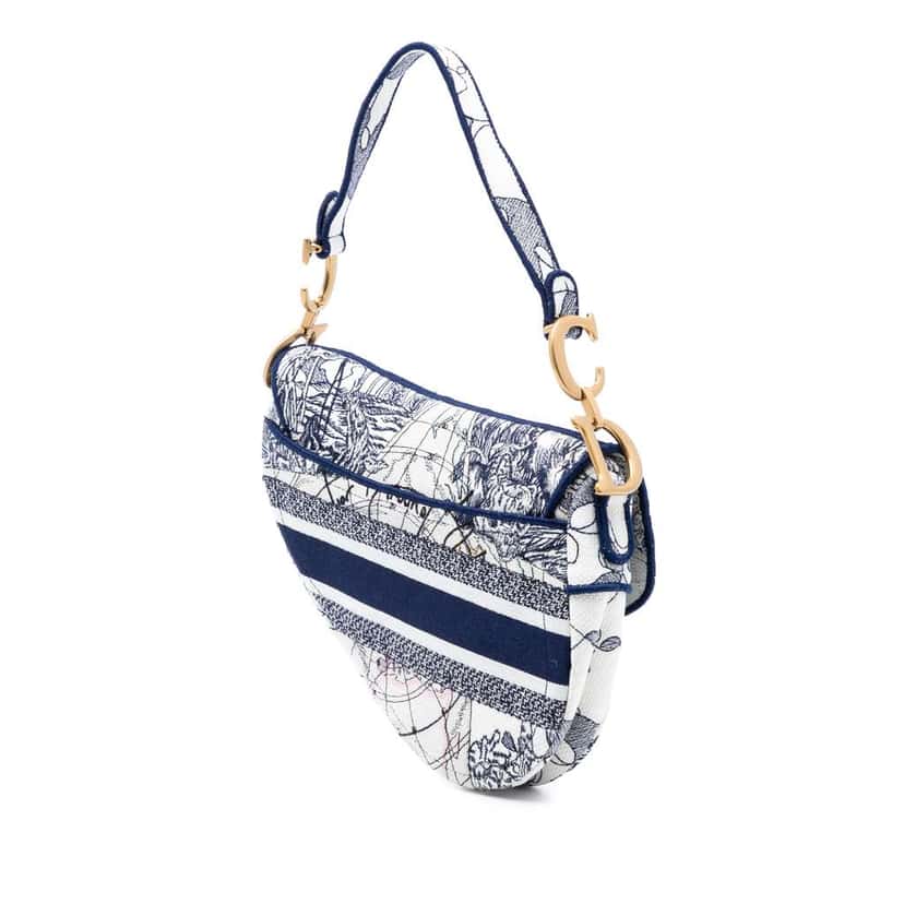 Dior Canvas Embroidered Around the World Saddle Bag Blue Canvas Good condition - Back View