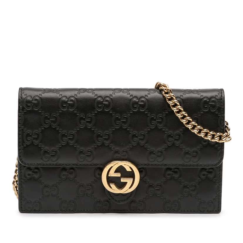 Gucci Guccissima Interlocking G Wallet On Chain Black Leather Good condition - Front View