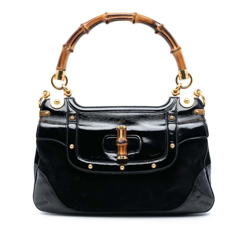 Gucci Suede and Patent Peggy Bamboo Top Handle Bag Black Leather Very good condition - Front View