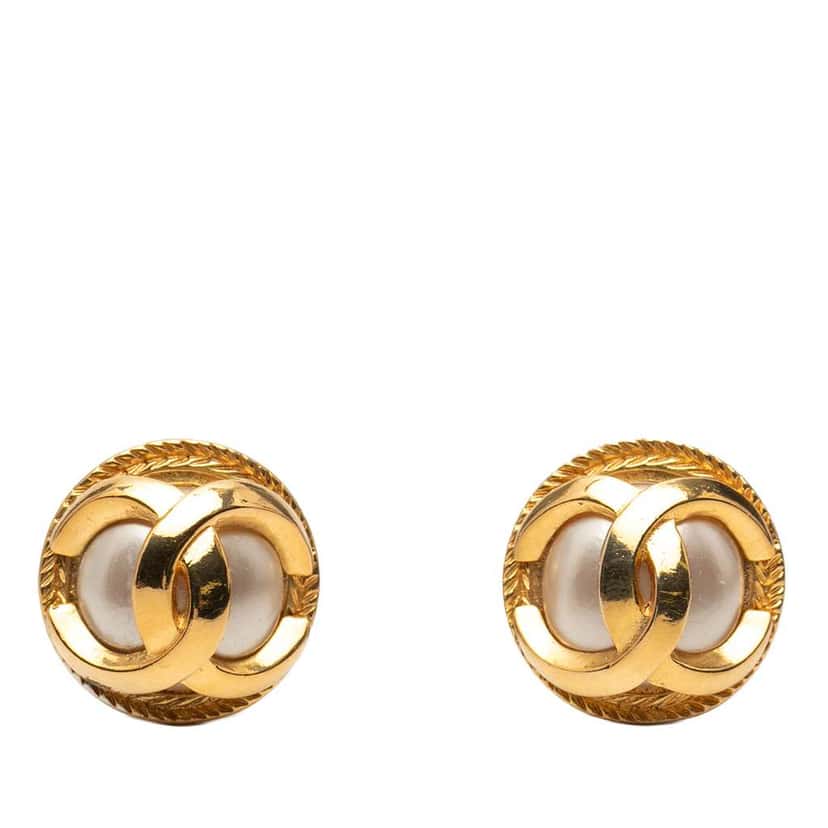 Chanel Gold Plated CC Faux Pearl Round Clip On Earrings Gold Metal Good condition - Front View