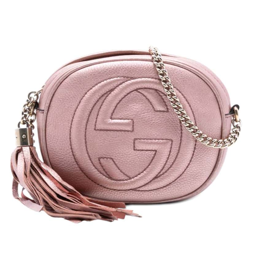 Gucci Mini Metallic Pebbled Calfskin Soho Chain Crossbody Pink Leather Very good condition - Front View
