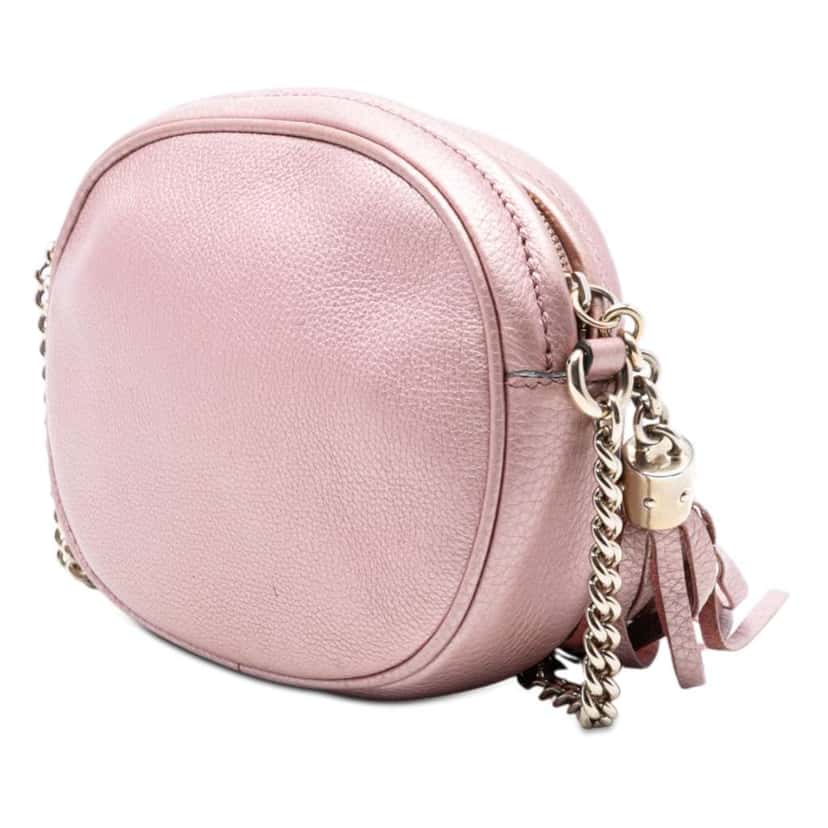 Gucci Mini Metallic Pebbled Calfskin Soho Chain Crossbody Pink Leather Very good condition - Back View