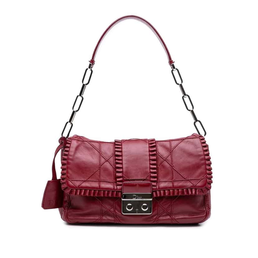 Dior Lambskin Cannage New Lock Ruffle Flap Red Leather Good condition - Front View