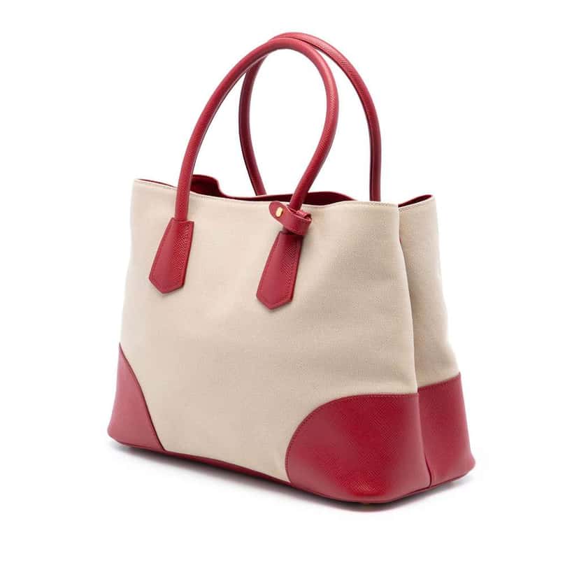 Prada Large Canapa and Saffiano Double Satchel Brown Canvas Very good condition - Back View