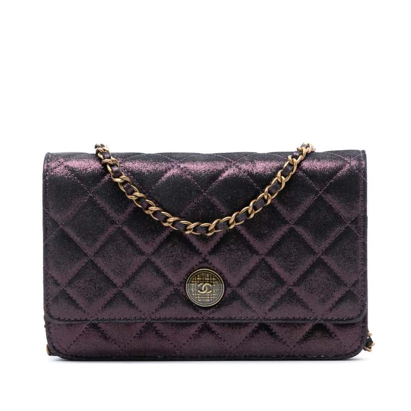 Chanel Quilted Iridescent Lambskin Tartan Button Wallet On Chain Purple Leather Very good condition - Front View