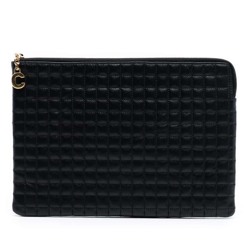 Celine Quilted Calfskin C Charm Pouch Black Leather Very good condition - Front View