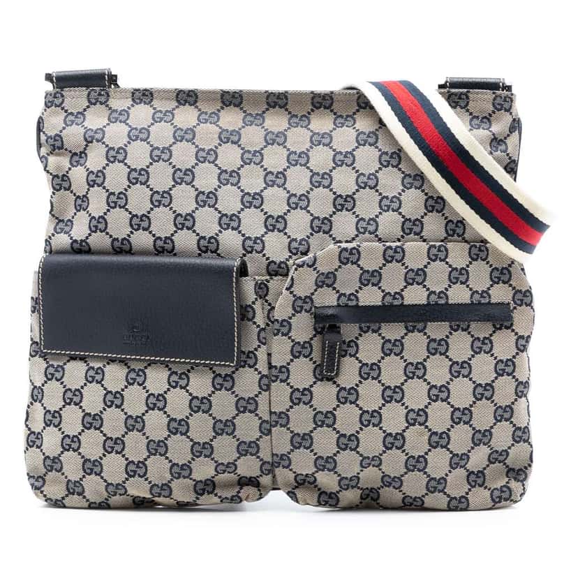 Gucci GG Canvas Web Double Pocket Crossbody Grey Canvas Good condition - Front View