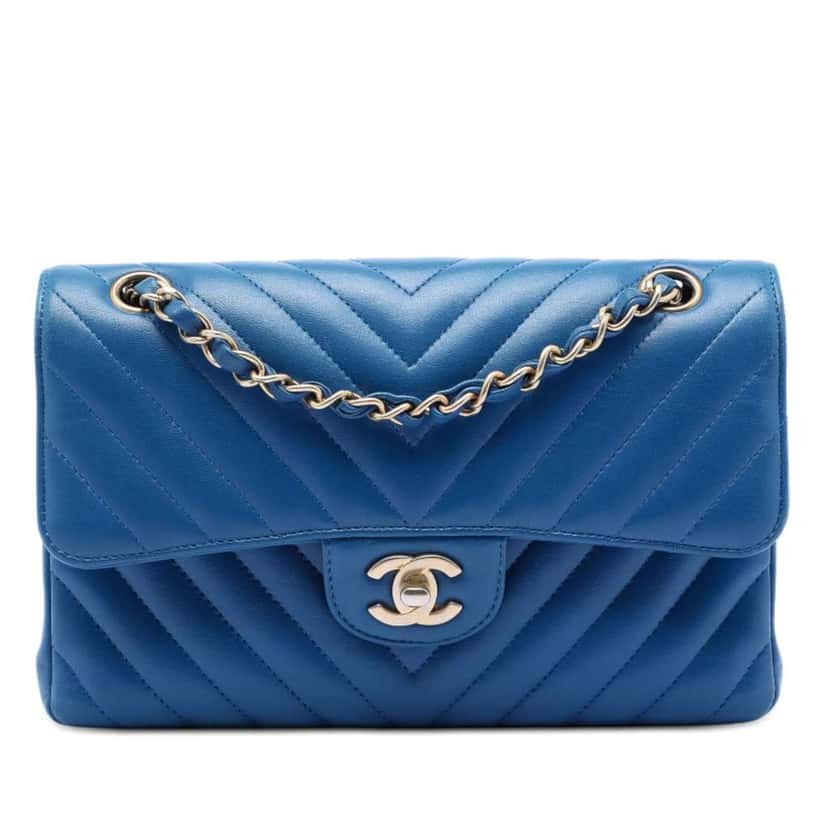 Chanel Small Classic Chevron Lambskin Double Flap Blue Leather Very good condition - Front View