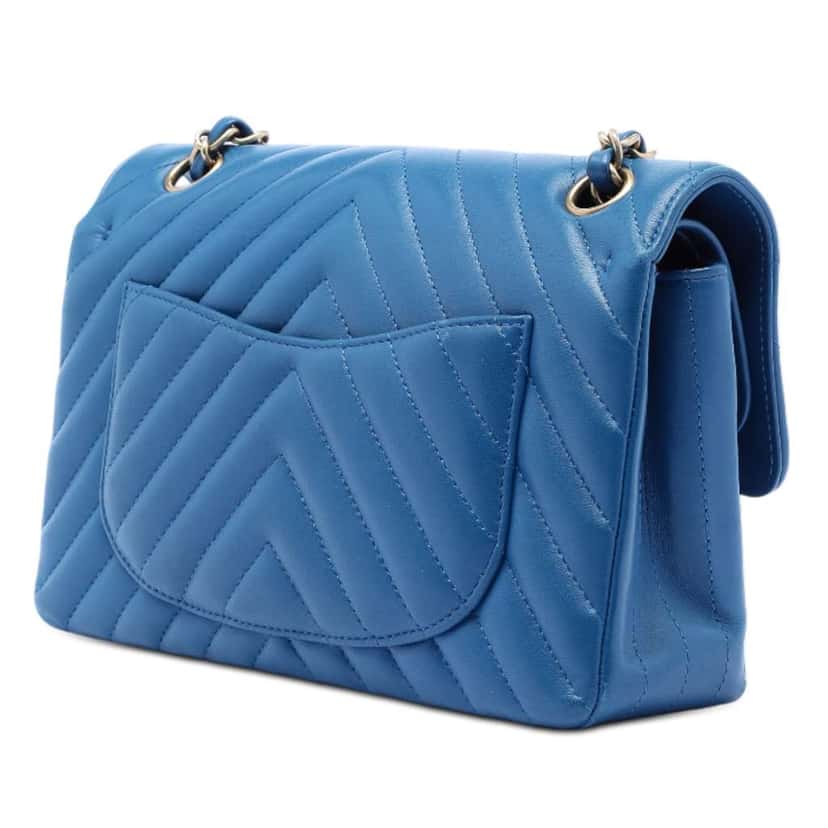 Chanel Small Classic Chevron Lambskin Double Flap Blue Leather Very good condition - Back View