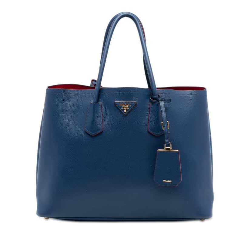 Prada Large Saffiano Cuir Double Satchel Blue Leather Good condition - Front View