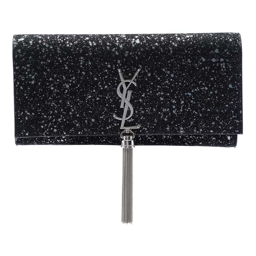 Saint Laurent Glittered Suede Monogram Kate Tassel Clutch Black Leather Good condition - Front View